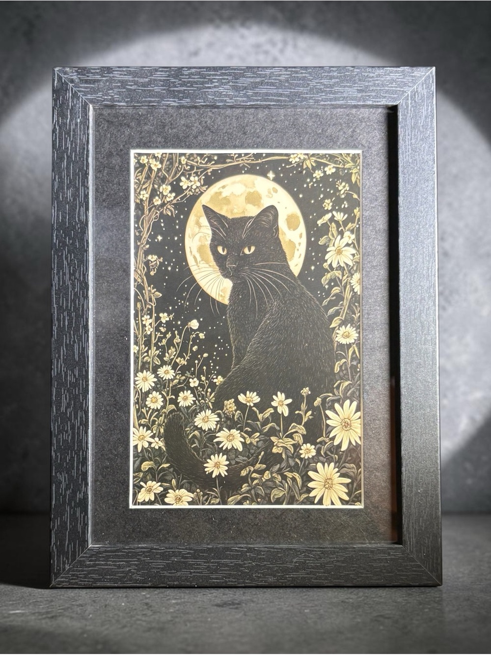 Black Cat Full Moon Floral Art Print 5x7 Framed Celestial Gothic Decor